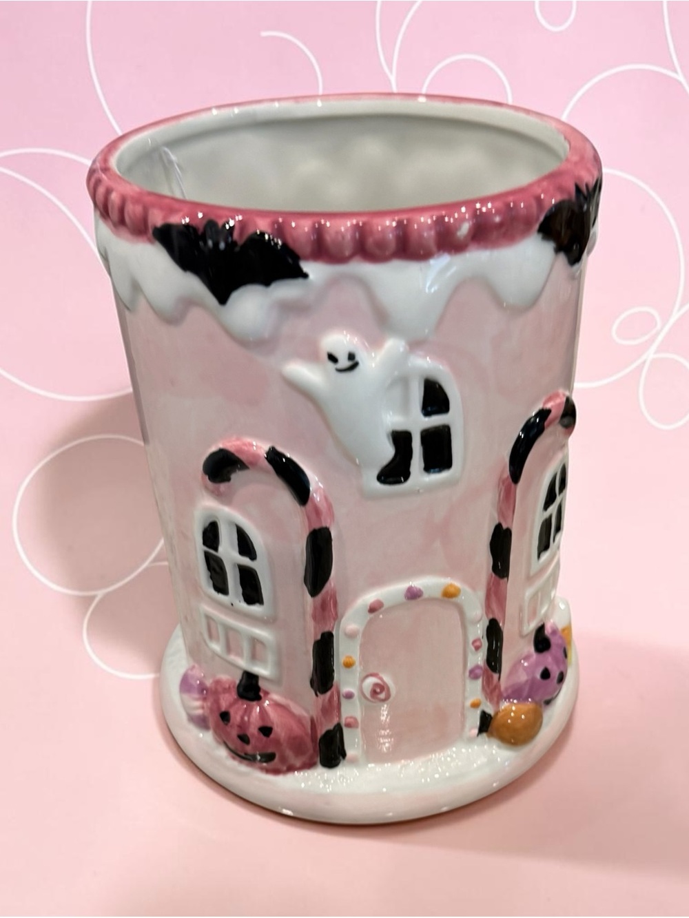 Pink Halloween Ghost House Ceramic utensil holder